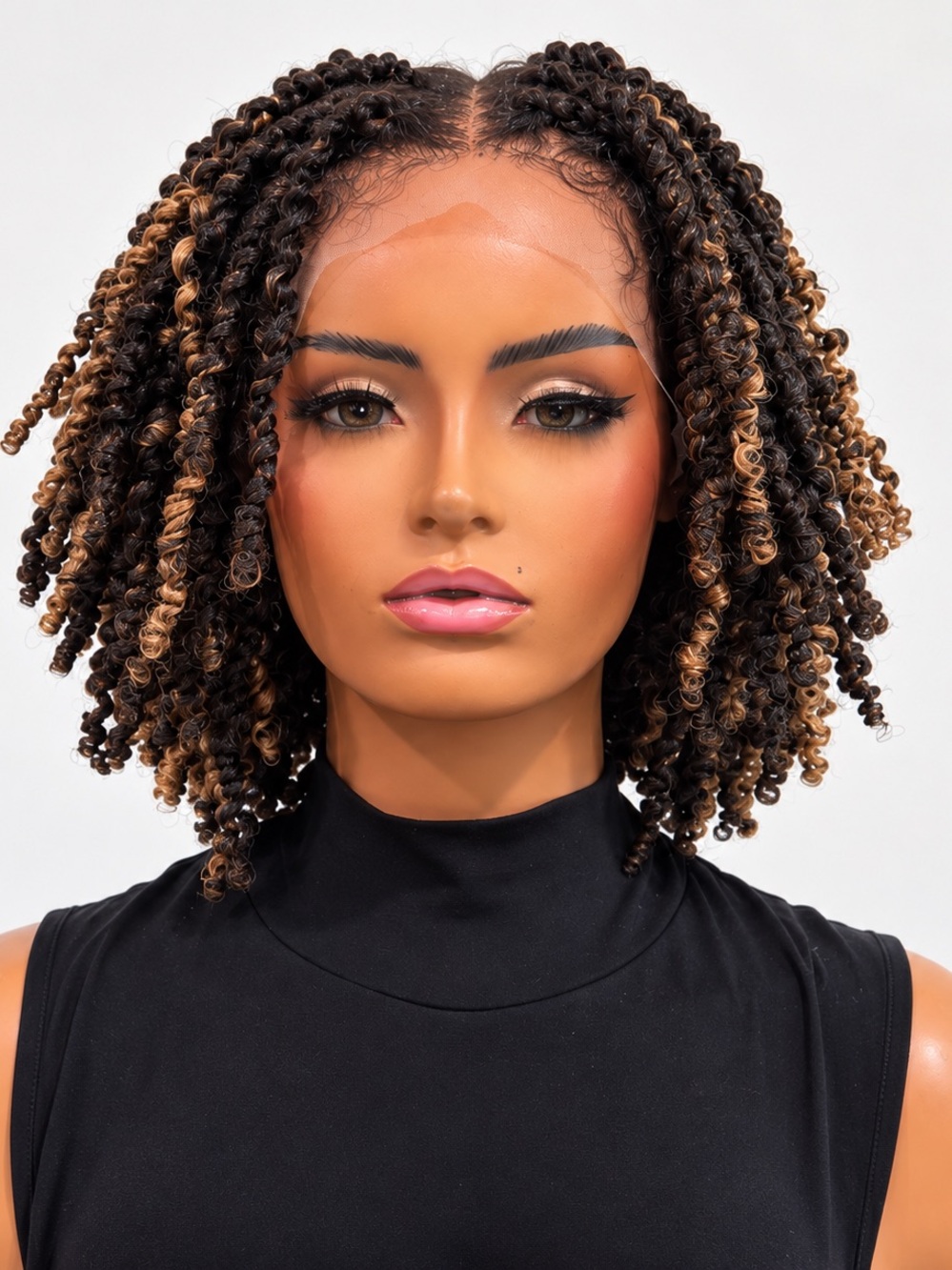 Lace Front Curly Crochet Bob Wig - Brown with Blonde Highlights